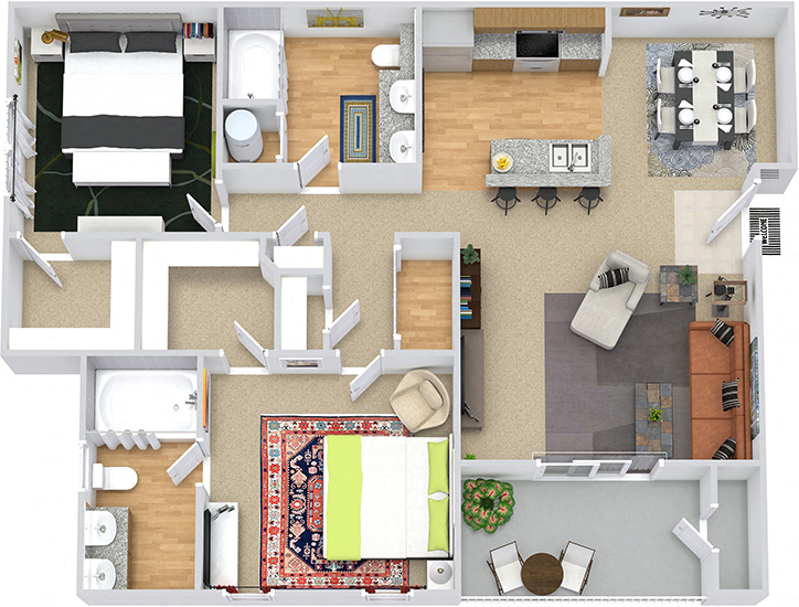 Floor plan for 2 beds, 2 baths, 1056 sqft
